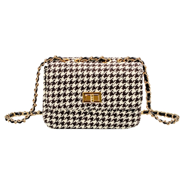 Checkered bag with metal strap and closure