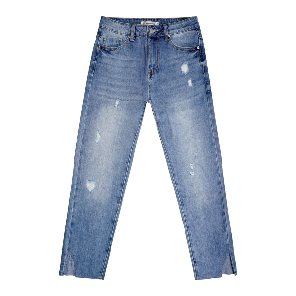 Ankle length jeans with split hems and distressed details